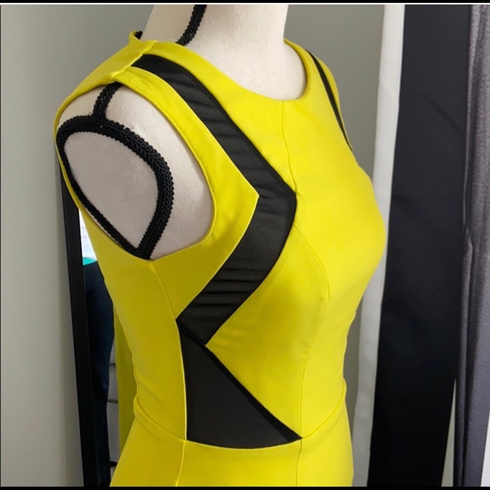 Lipsy Bright Yellow Dress with Black Mesh Detail
